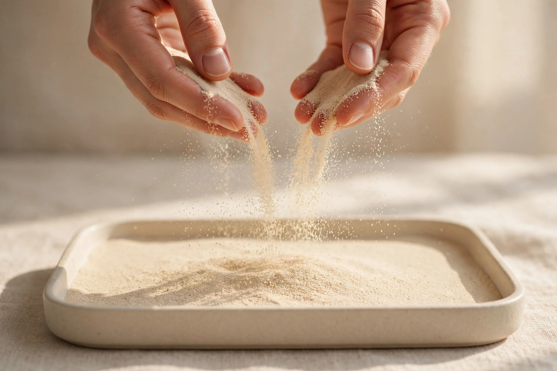 Hands gently sifting a tray of sand